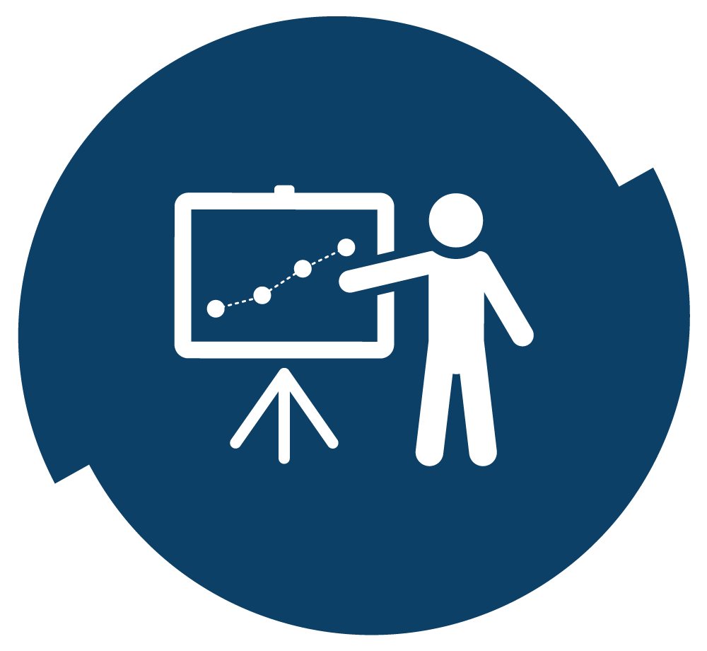 Person in front of a white board with a graph on it. Illustration.